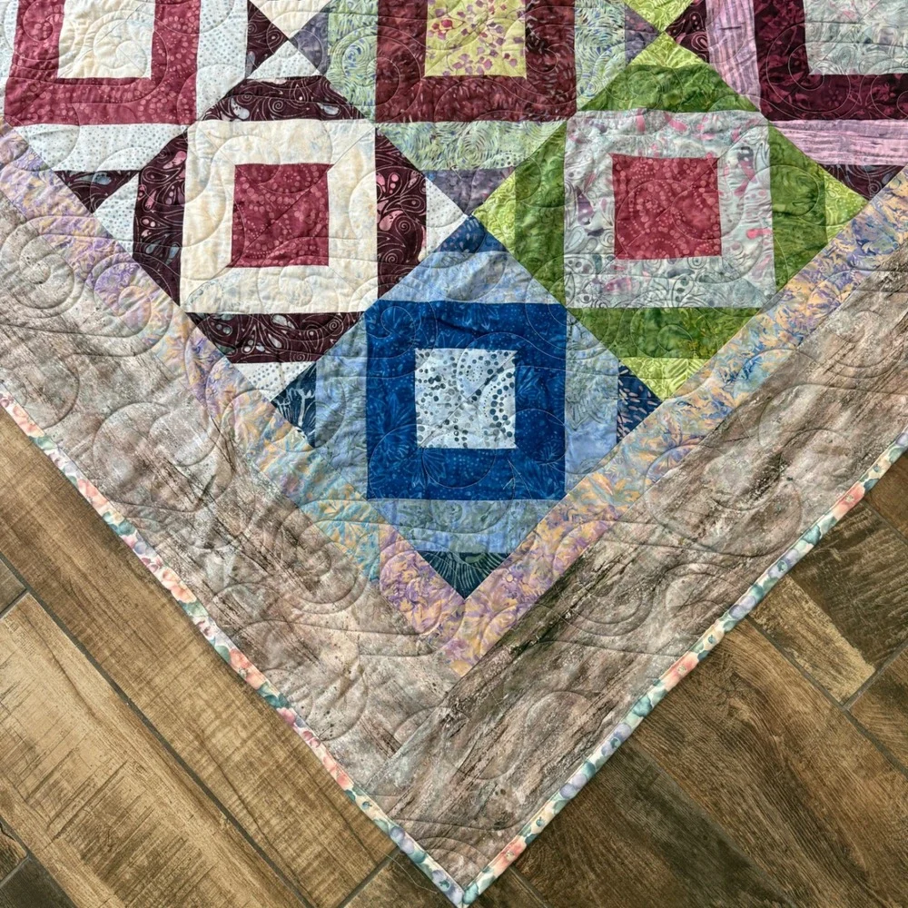 Handmade Patchwork Quilt Batik Floral Diamond Block Reversible Multi Color 57x66